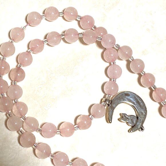 Pink Genuine Gemstone Rose Quartz Silver Cat on the Moon Beaded Short Necklace - Picture 7 of 11